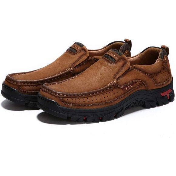 Men's Brown Slip-on Hiking Shoes Leather Casual Outdoor Walking Sneaker - Picture 4 of 8